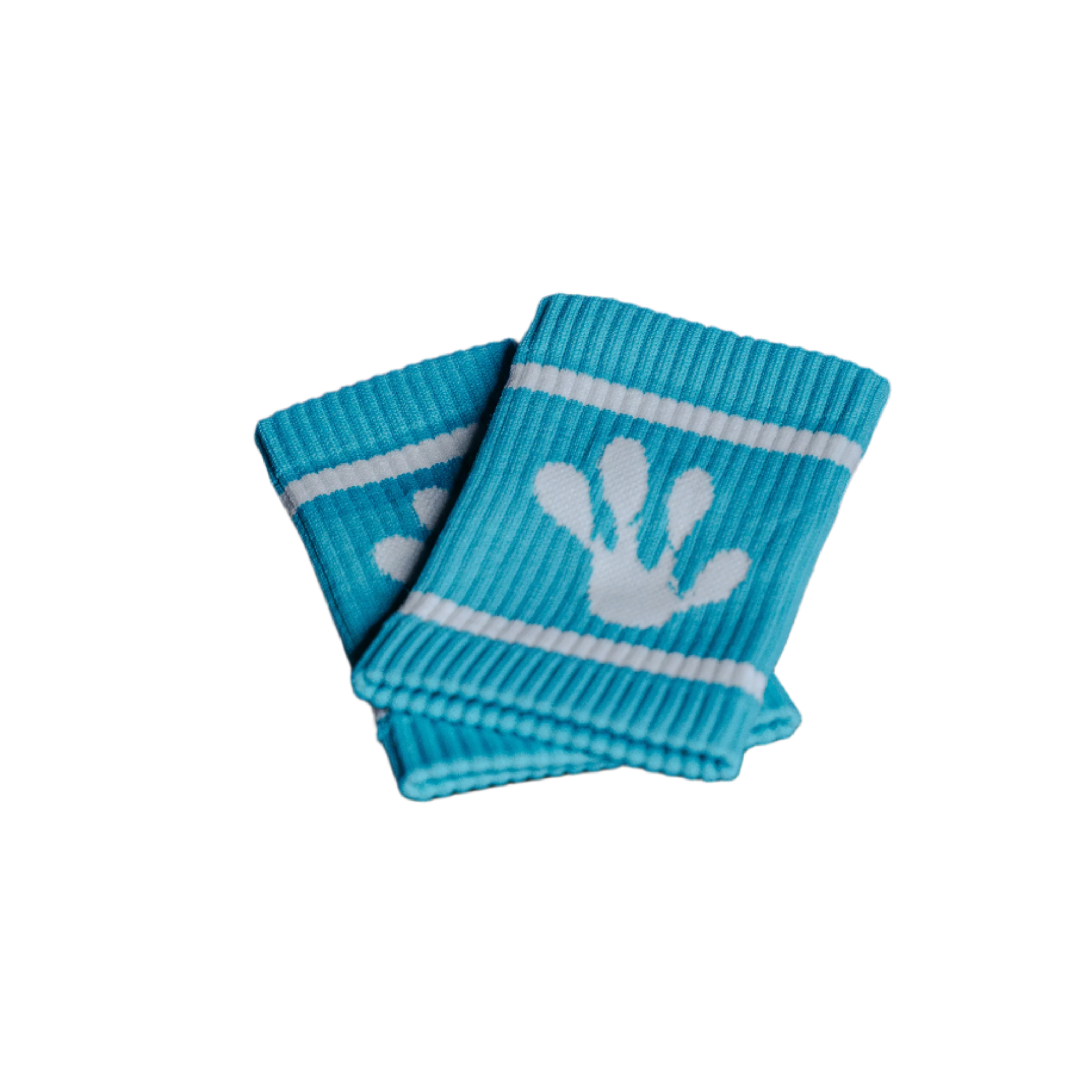 Two blue frog wristbands with white designs on a black background