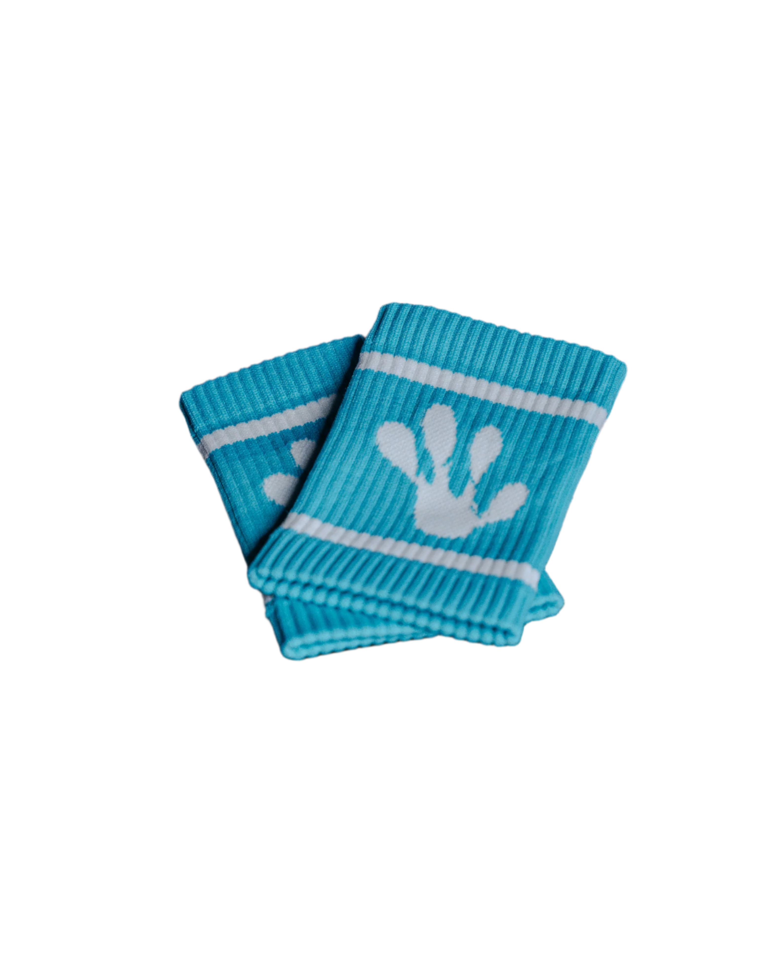 Two blue frog wristbands with white designs on a black background