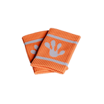 Orange frog wristbands with white handprint design on a black background