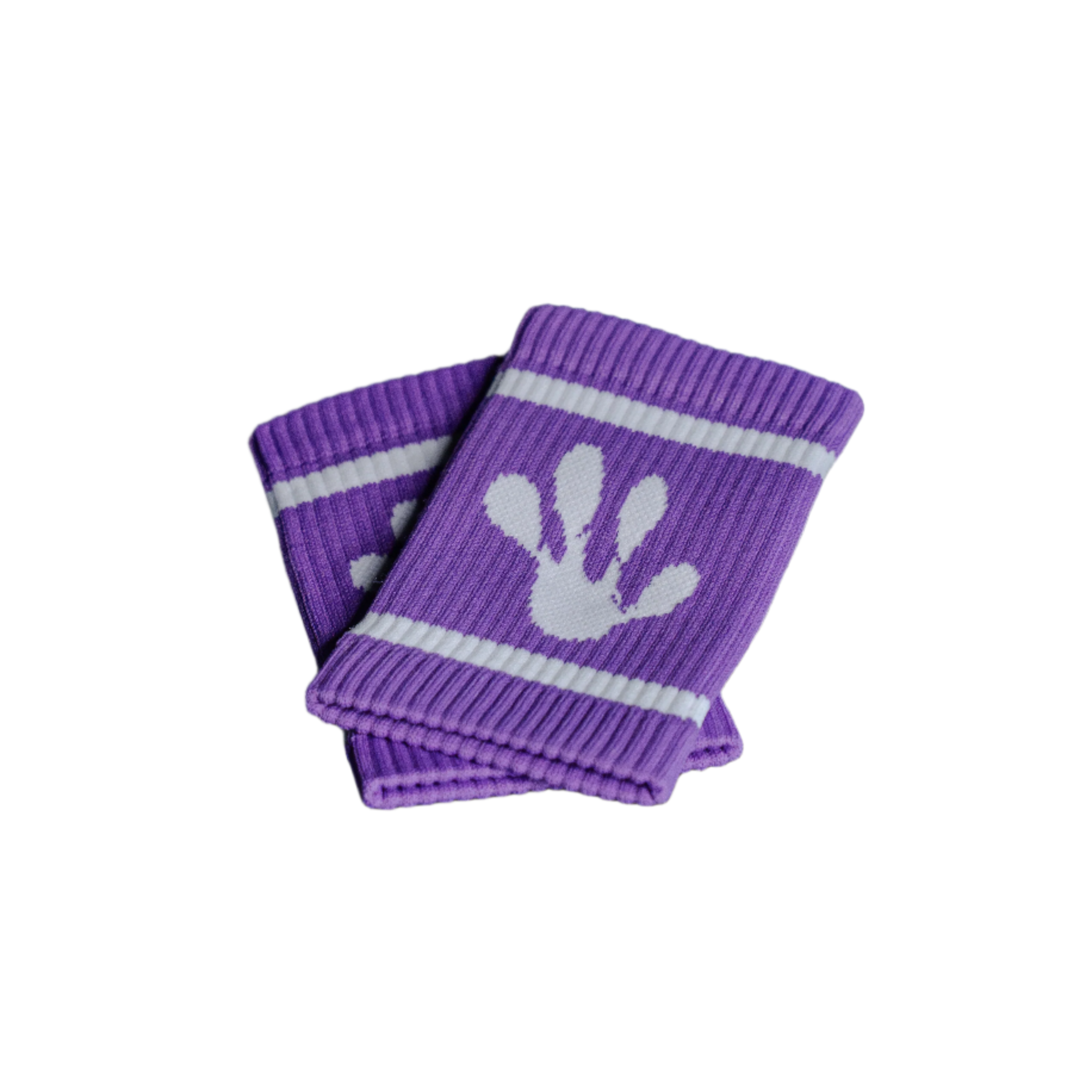 Purple frog sweatband with white handprints on a black background