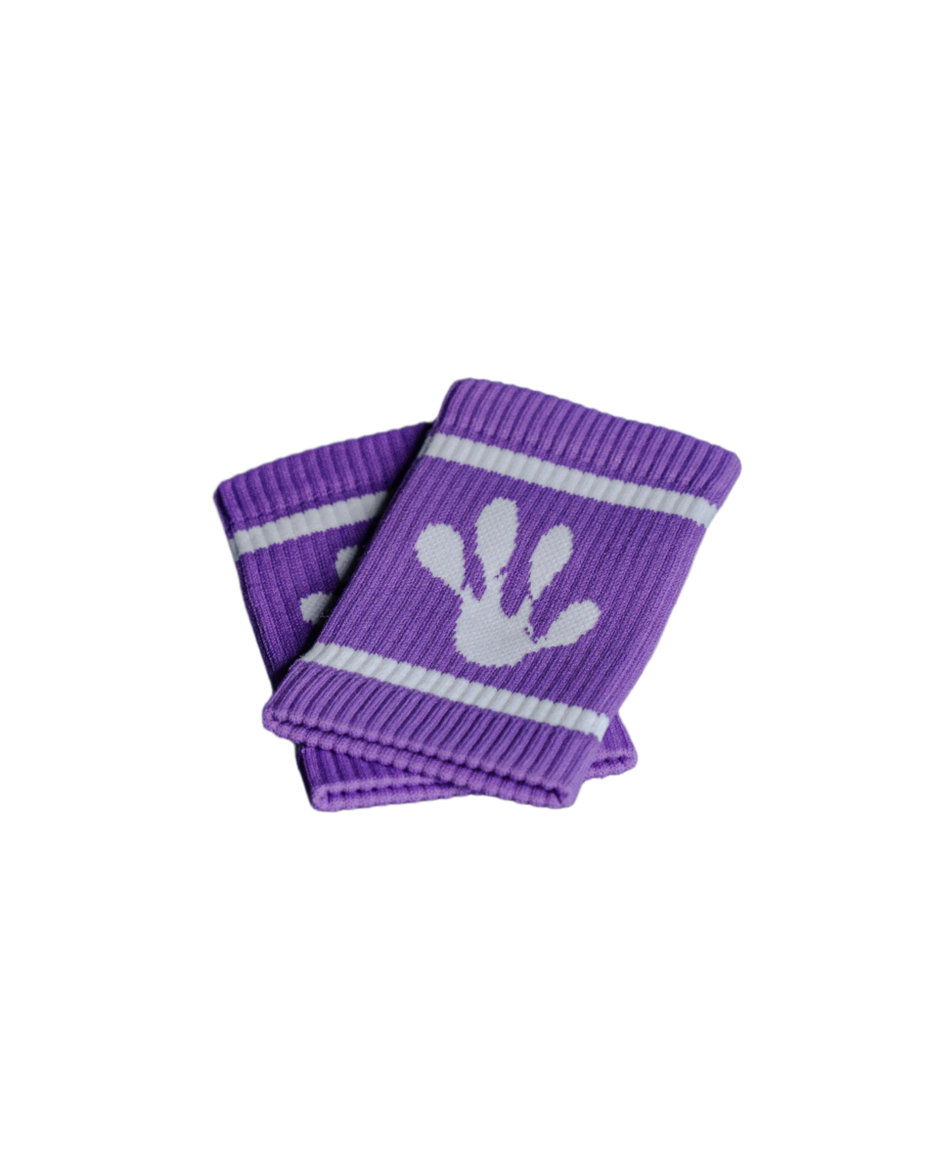 Purple frog sweatband with white handprints on a black background