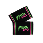 Two black wristbands with retro 'Frog Grips' branding