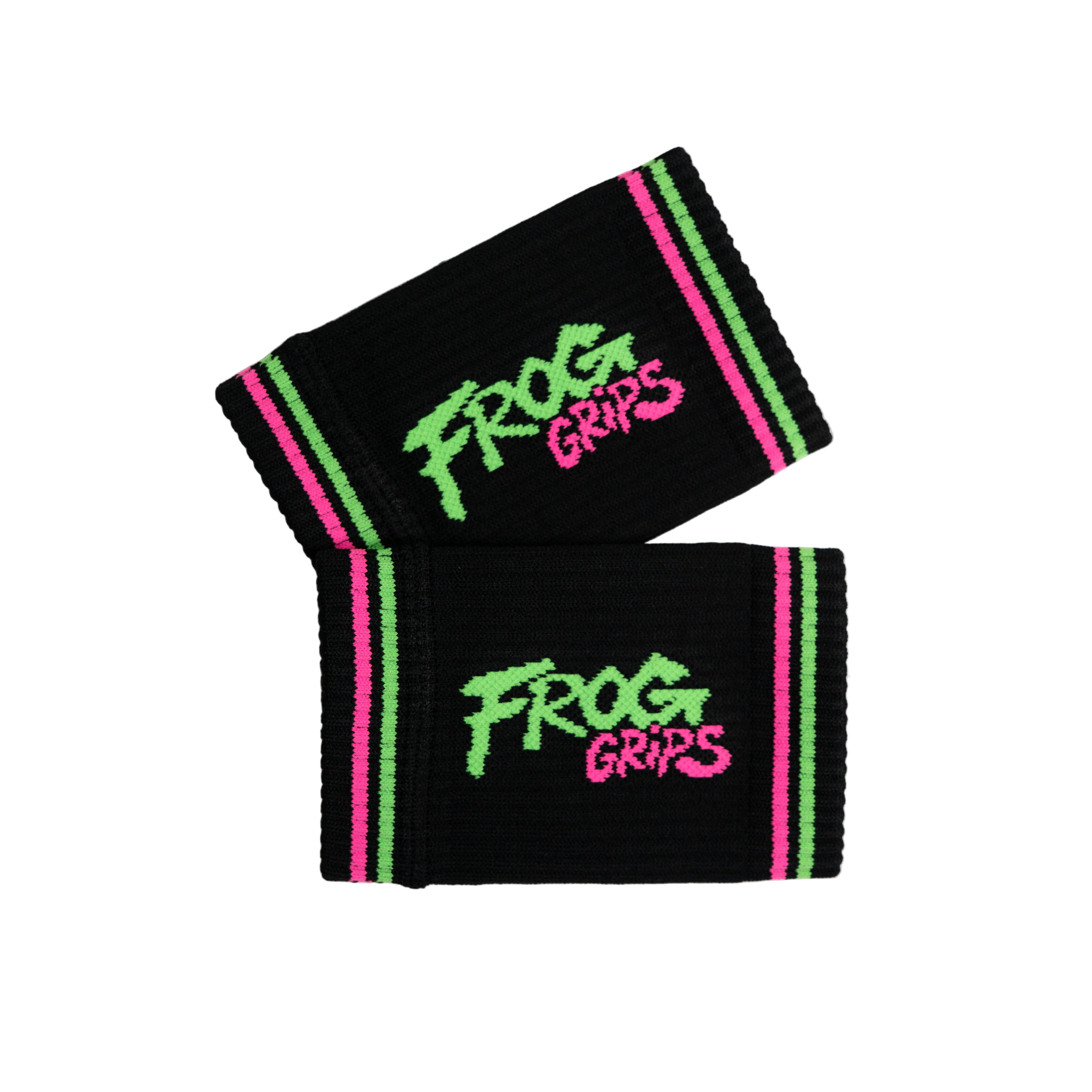 Two black wristbands with retro 'Frog Grips' branding