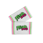 Two white retro wristbands with 'Frog Grips' logo