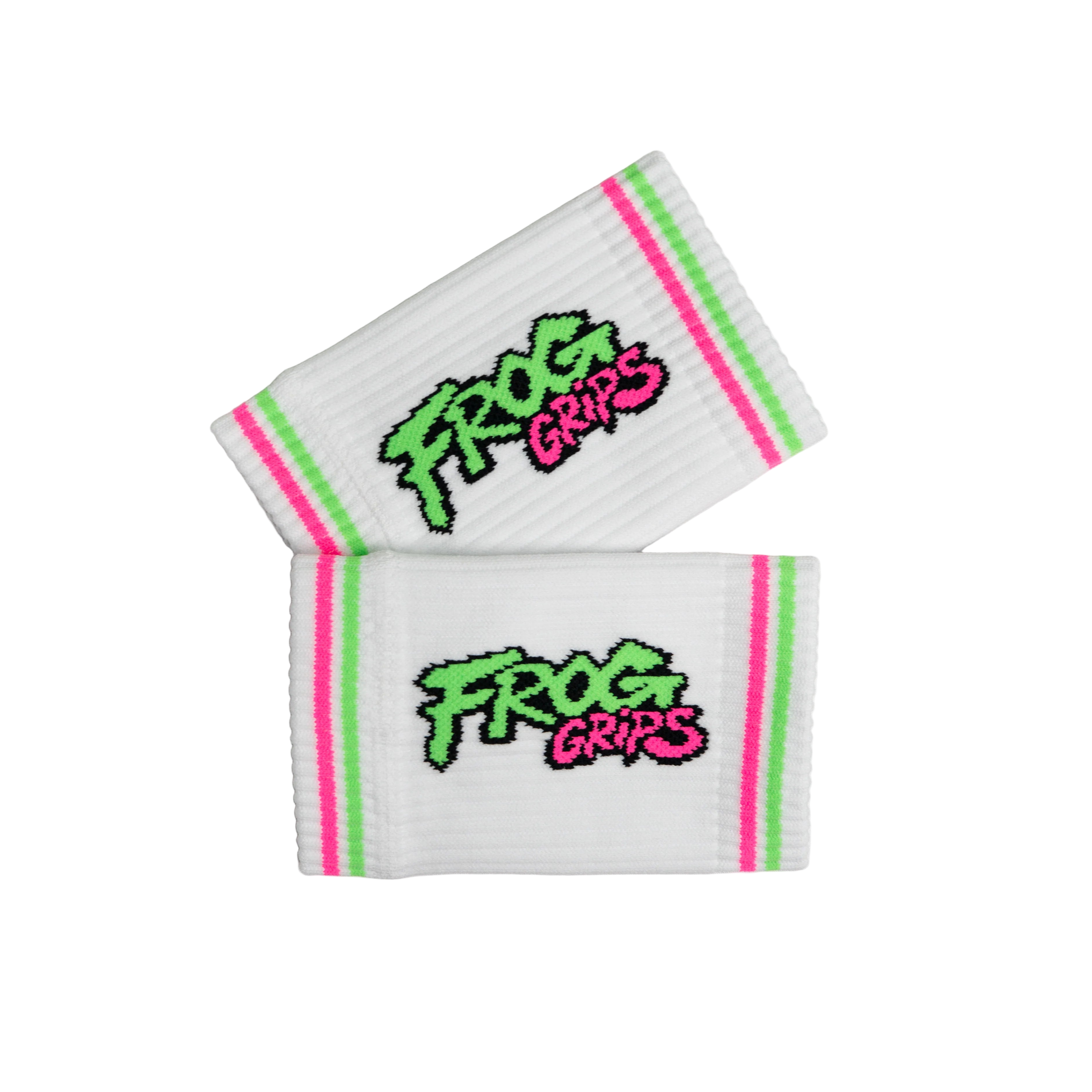 Two white retro wristbands with 'Frog Grips' logo