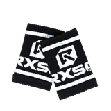 Black and white arm warmers with a logo on a white background