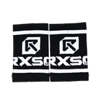 Black and white wristbands with a logo and text on a white background