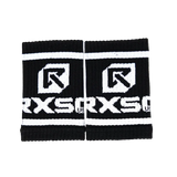 Black and white wristbands with a logo and text on a white background