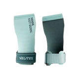 A pair of green Velites all terrain gymnastic grips with wrist bands on a white background.
