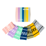 Set of colourful wristbands with 'VELITES' branding on a white background
