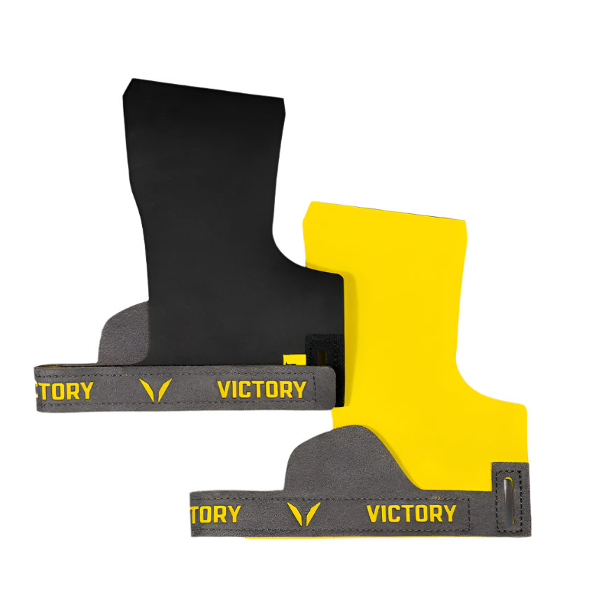 Black, yellow, and gray gymnastic grips with 'Victory' branding on a white background.