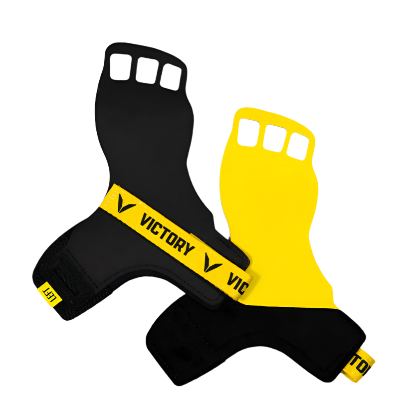 Black and yellow hand grips with 'Victory' branding on a white background