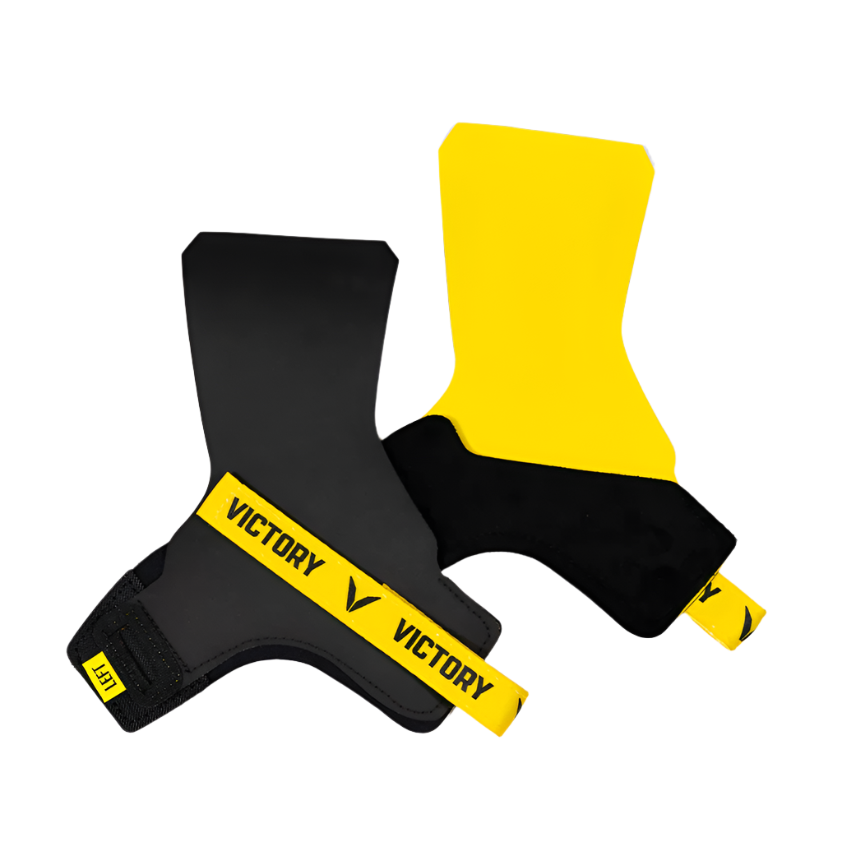 Black and yellow hand grips with 'Victory' branding on a white background
