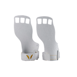 A pair of white, victory gymnastics grips with three fingers and a small yellow logo on the side.