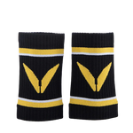 Pair of black Victory Grips wristbands with yellow and white stripes on a white background