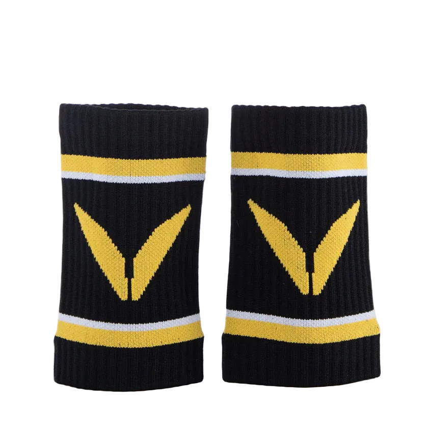 Pair of black Victory Grips wristbands with yellow and white stripes on a white background