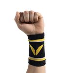Black wristband with yellow Victory Grips logo on a white background