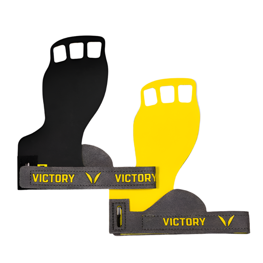 Black and yellow hand grips with 'Victory' branding on a white background