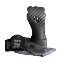 Front view of black Frog Grips Elite fingerless CrossFit grips