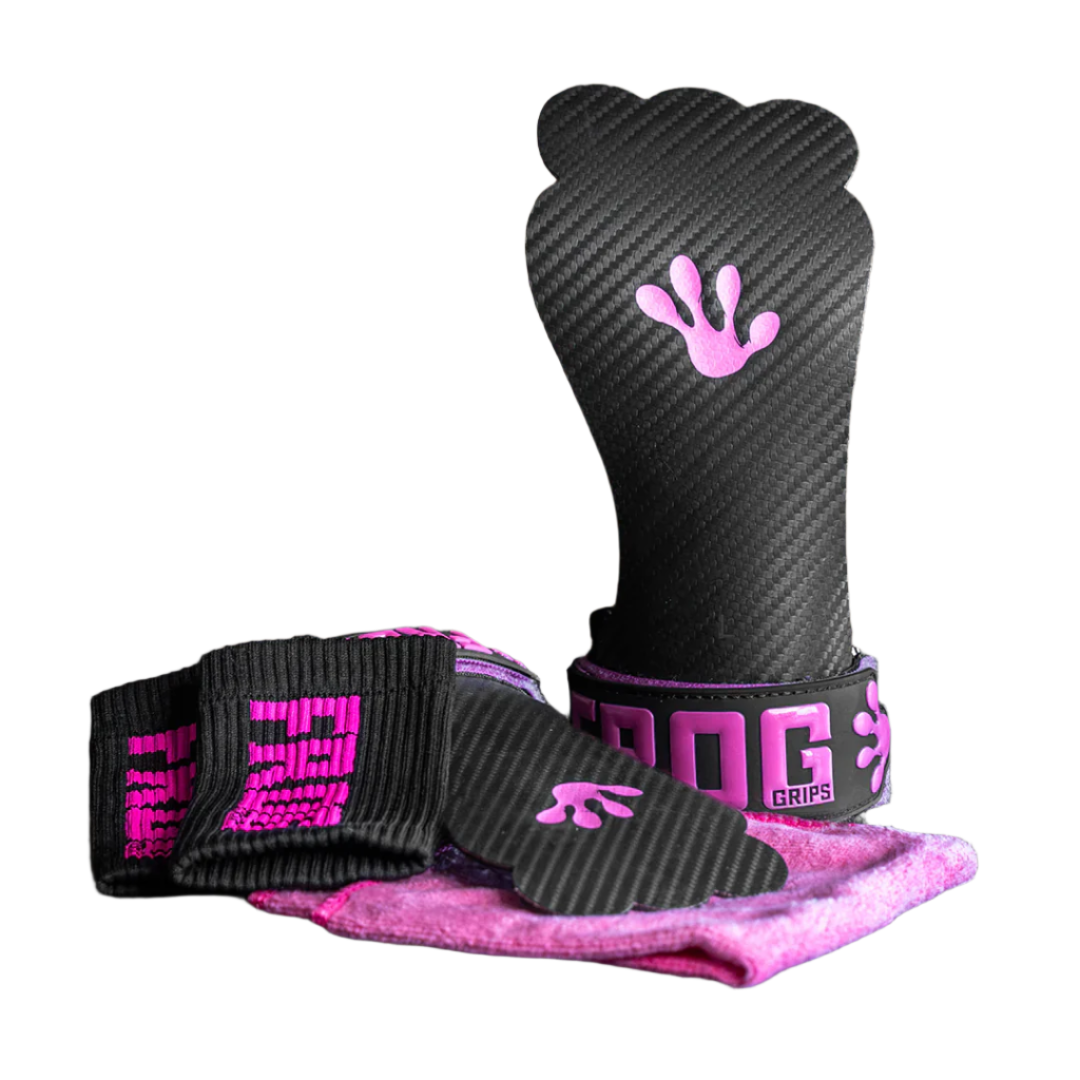 Front view of pink Frog Grips Elite fingerless grips for CrossFit