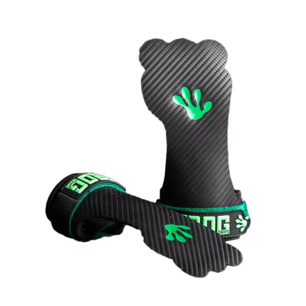 Frog Grips Elite OG Fingerless in black with green strap – fingerless grips for rig work and pull-ups