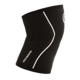 Rehband Rx Knee Sleeve 5mm in black, side view showing branded contour stitching - neoprene knee support for lifting and CrossFit
