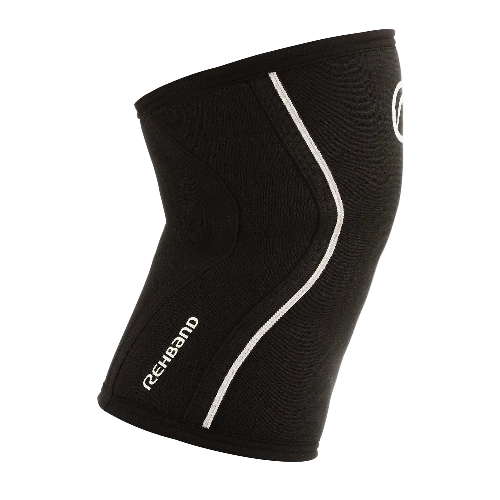 Rehband Rx Knee Sleeve 5mm in black, side view showing branded contour stitching - neoprene knee support for lifting and CrossFit
