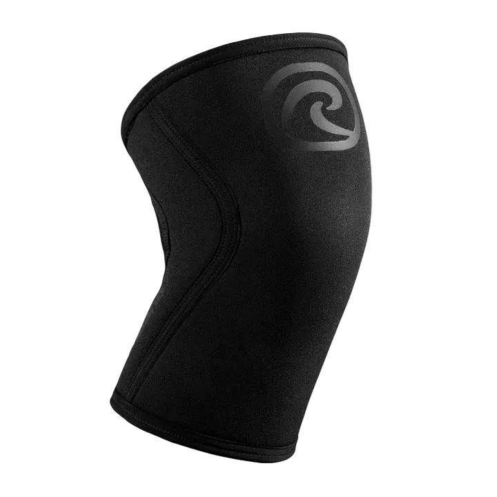 Rehband Rx Knee Sleeve 5mm in all black with tonal Rehband logo - SBR neoprene compression sleeve for lifting and CrossFit