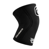 Rehband Rx Knee Sleeve 5mm in black, side view with WORKIT branding - co-branded neoprene knee compression sleeve for CrossFit and lifting