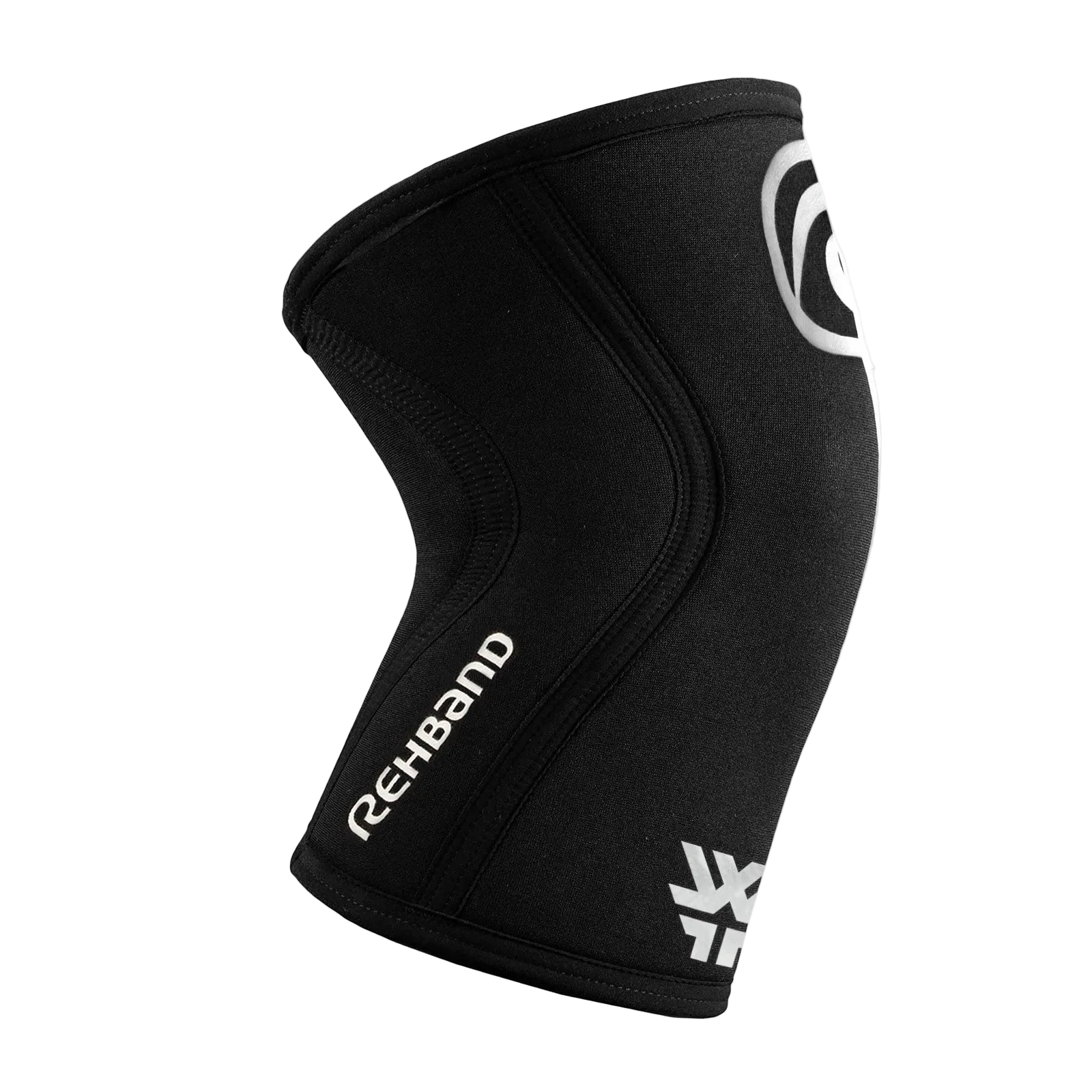 Rehband Rx Knee Sleeve 5mm in black, side view with WORKIT branding - co-branded neoprene knee compression sleeve for CrossFit and lifting
