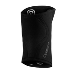Rehband Rx Knee Sleeve 5mm in carbon black, rolled view showing the dual Rehband logos and pre-shaped knee fit