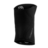Rehband Rx Knee Sleeve 5mm in carbon black, rolled view showing the dual Rehband logos and pre-shaped knee fit
