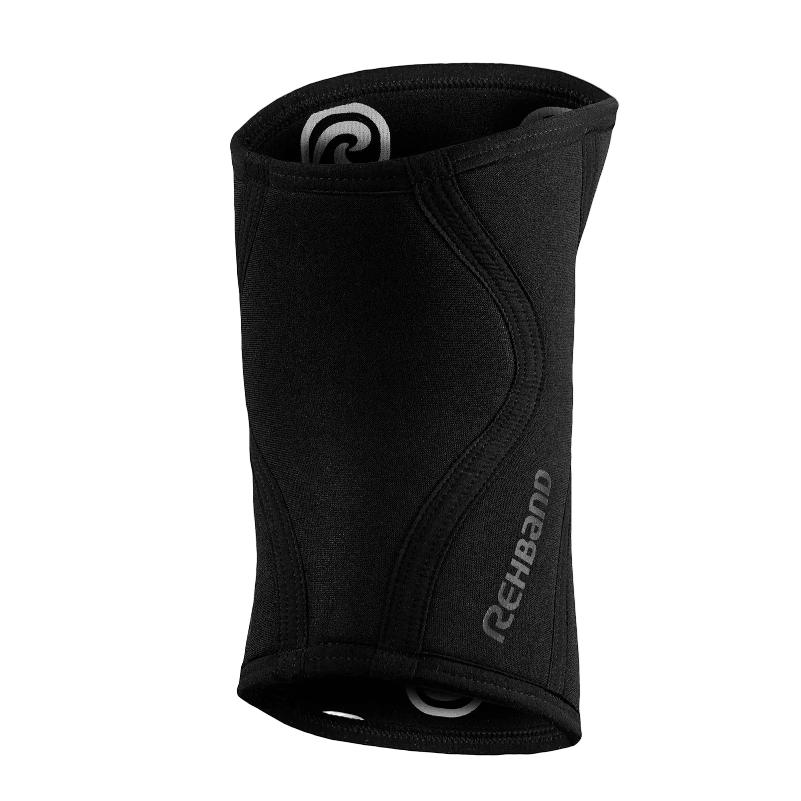 Rehband Rx Knee Sleeve 5mm in carbon black, rolled view showing the dual Rehband logos and pre-shaped knee fit