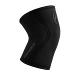 Rehband Rx Knee Sleeve 5mm in carbon black, angled side view with vertical Rehband branding - premium neoprene knee compression sleeve