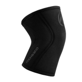 Rehband Rx Knee Sleeve 5mm in carbon black, angled side view with vertical Rehband branding - premium neoprene knee compression sleeve