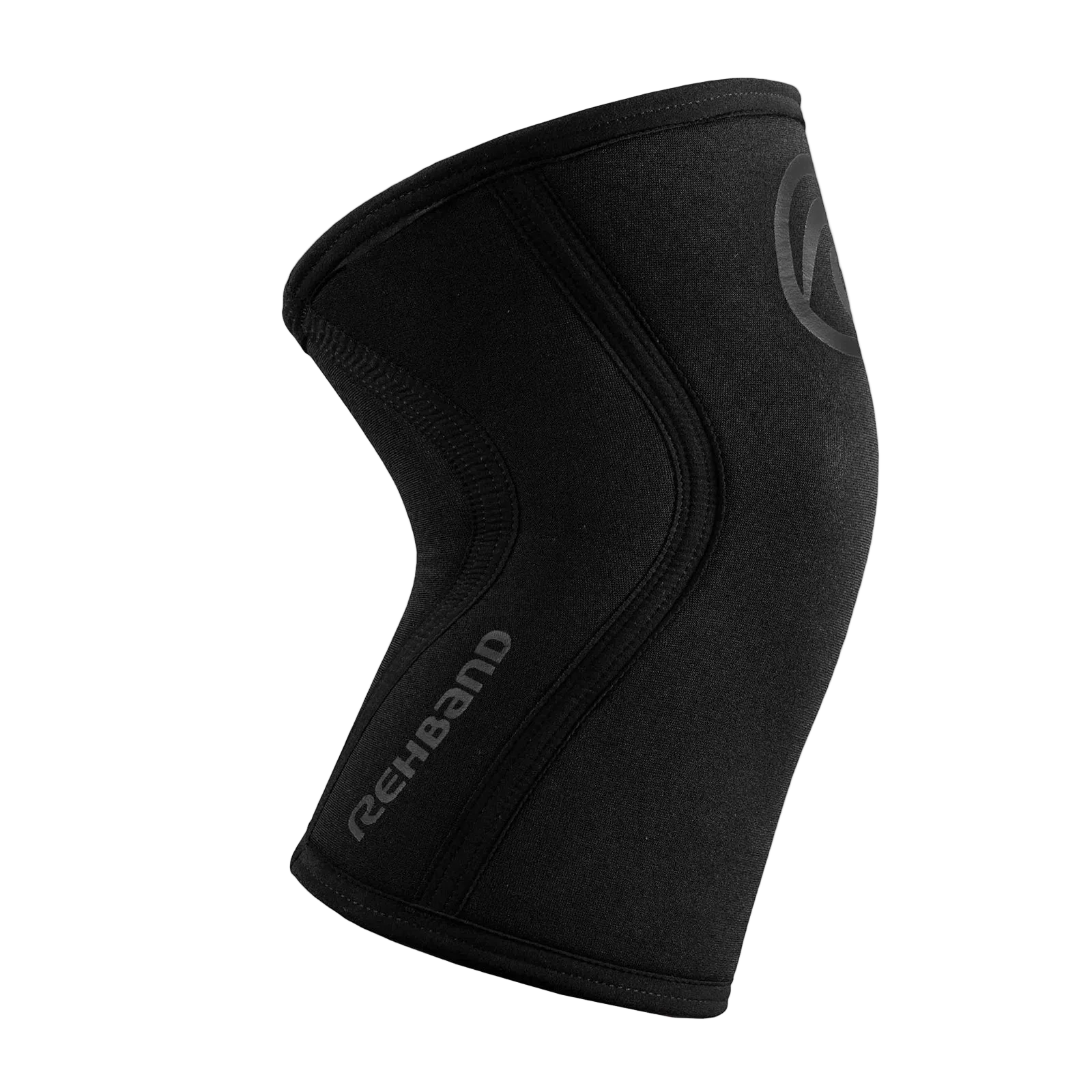 Rehband Rx Knee Sleeve 5mm in carbon black, angled side view with vertical Rehband branding - premium neoprene knee compression sleeve