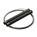 RPM Comp4 competition speed rope angled view in black with knurled aluminium handles for CrossFit double-unders