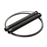 RPM Comp4 competition speed rope angled view in black with knurled aluminium handles for CrossFit double-unders