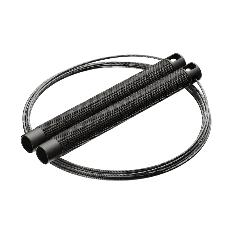 RPM Comp4 competition speed rope angled view in black with knurled aluminium handles for CrossFit double-unders