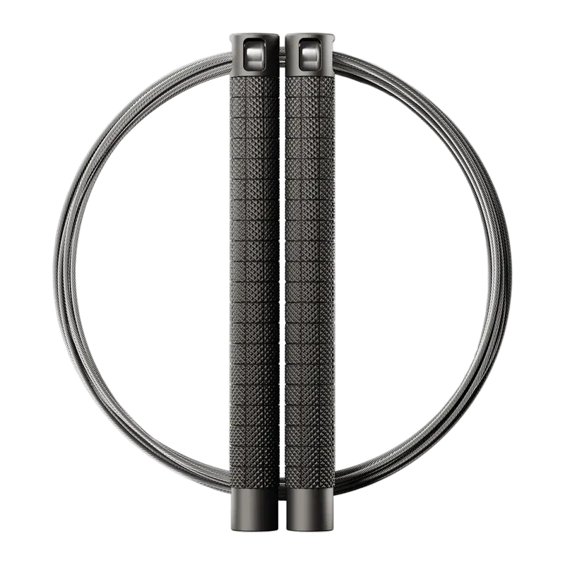 RPM Comp4 competition speed rope with black knurled aluminium handles and bare steel cable for CrossFit double-unders