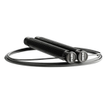 RPM Comp4 competition speed rope side view in black with RPM logo end caps and bare steel cable for CrossFit