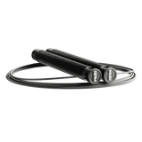 RPM Comp4 competition speed rope side view in black with RPM logo end caps and bare steel cable for CrossFit