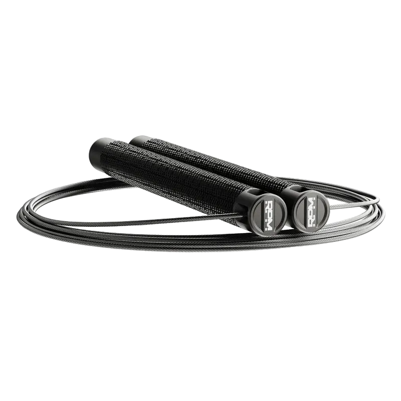 RPM Comp4 competition speed rope side view in black with RPM logo end caps and bare steel cable for CrossFit