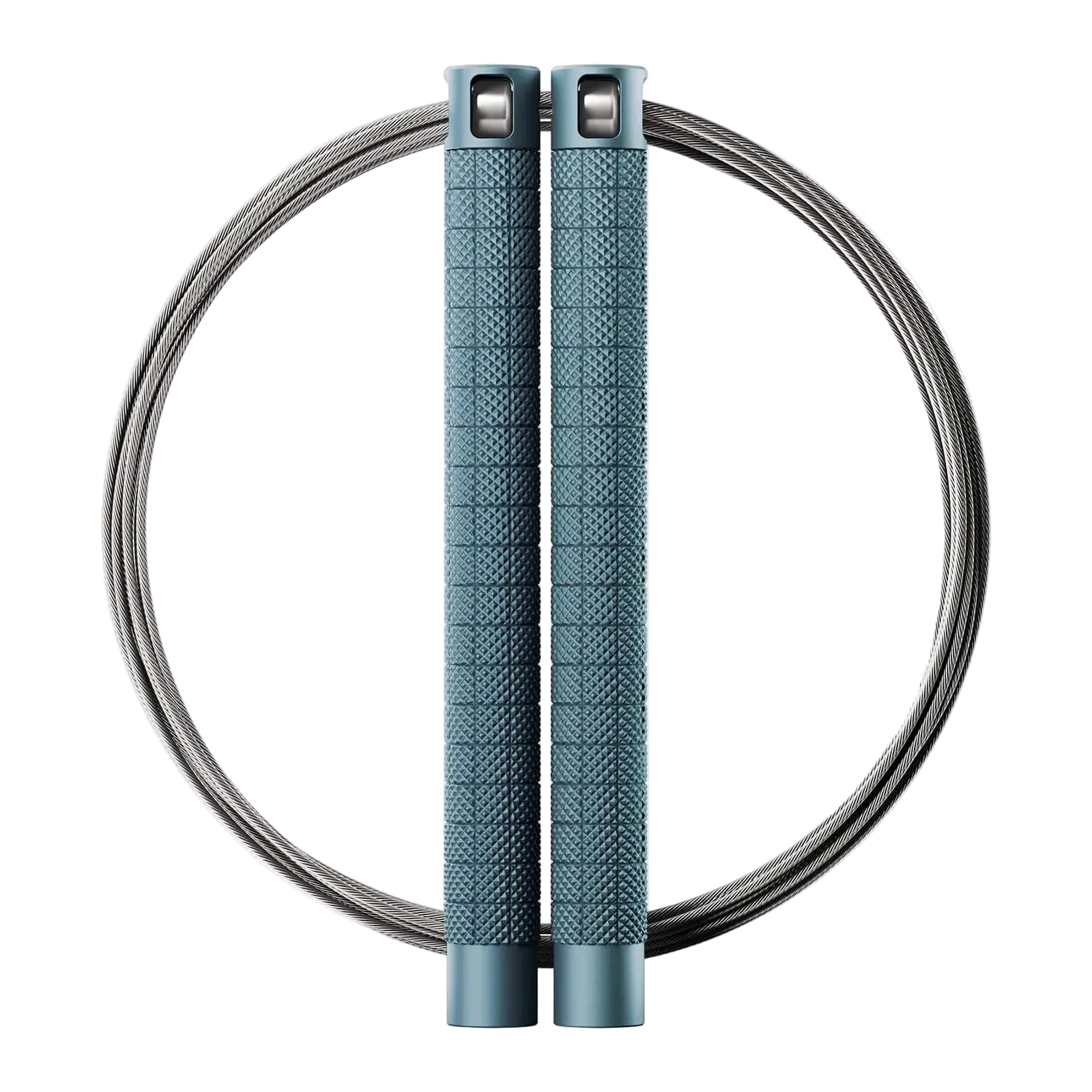 RPM Comp4 competition speed rope with steel blue knurled aluminium handles and bare steel cable for CrossFit double-unders