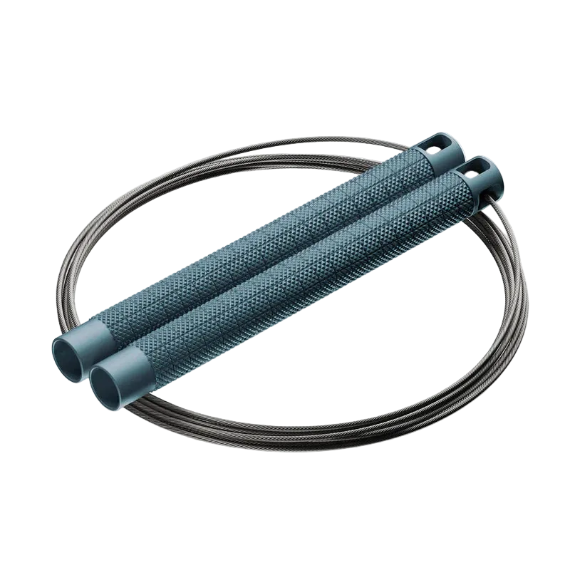 RPM Comp4 competition speed rope angled view in steel blue with knurled aluminium handles for CrossFit double-unders