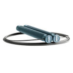 RPM Comp4 competition speed rope side view in steel blue with RPM logo end caps and bare steel cable for CrossFit