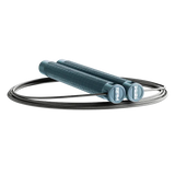 RPM Comp4 competition speed rope side view in steel blue with RPM logo end caps and bare steel cable for CrossFit