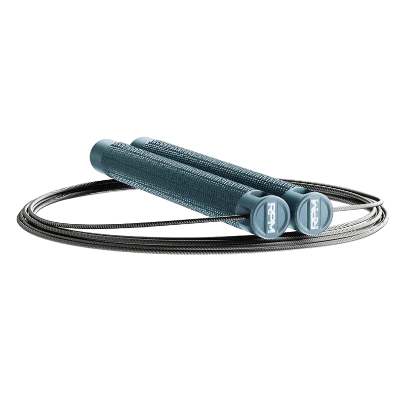 RPM Comp4 competition speed rope side view in steel blue with RPM logo end caps and bare steel cable for CrossFit