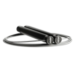 RPM Session4 speed rope side view with black knurled aluminium handles and RPM logo end caps for CrossFit