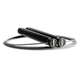 RPM Session4 speed rope side view with black knurled aluminium handles and RPM logo end caps for CrossFit